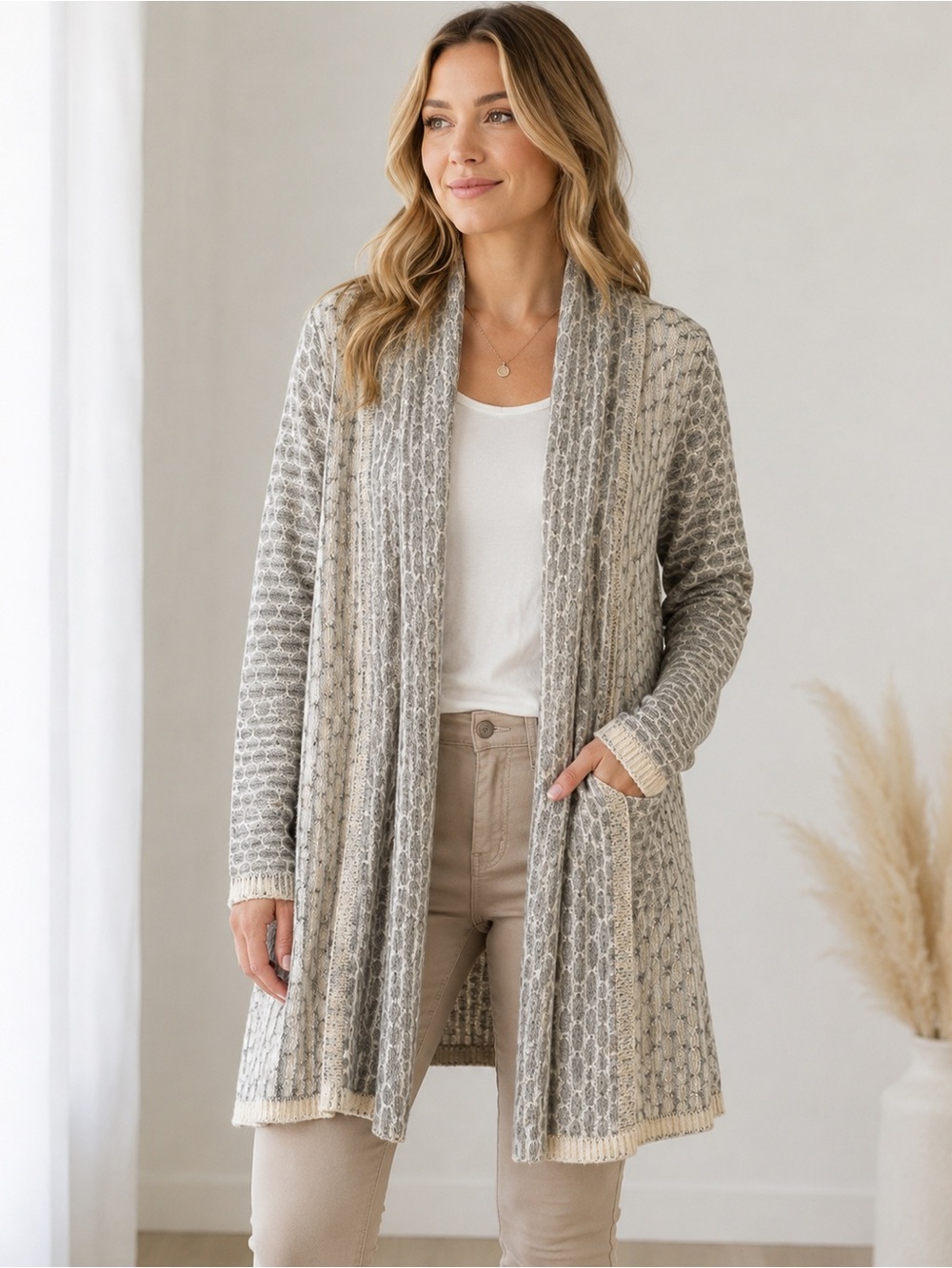 Carolyn Taylor Gray and Tan Knit Open Cardigan Size S Boho Cozy Neutral Fall